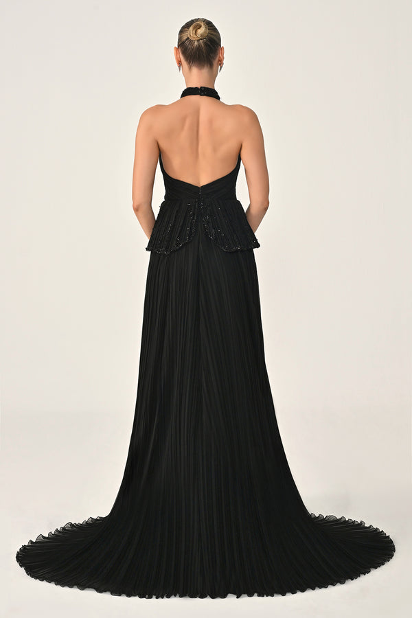 Halter Neck Backless Embellished Pleated Chiffon Long Dress