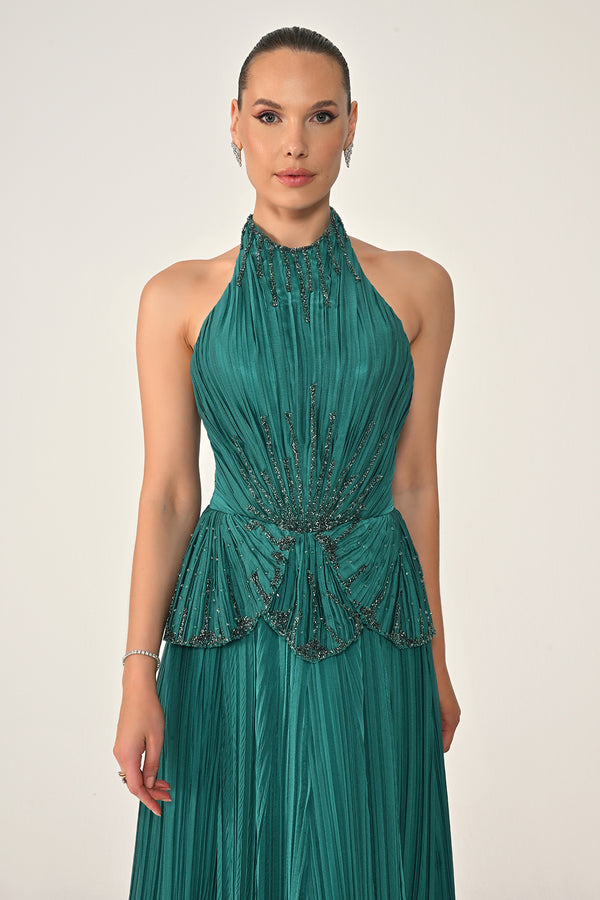 Halter Neck Backless Embellished Pleated Chiffon Long Dress