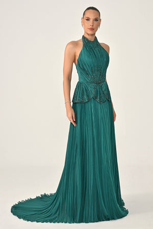 Halter Neck Backless Embellished Pleated Chiffon Long Dress