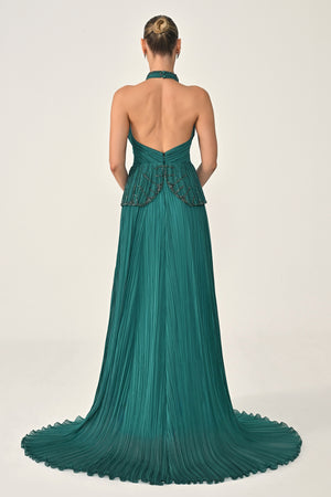 Halter Neck Backless Embellished Pleated Chiffon Long Dress