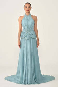 Halter Neck Backless Embellished Pleated Chiffon Long Dress