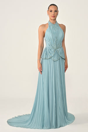 Halter Neck Backless Embellished Pleated Chiffon Long Dress
