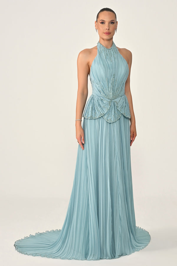 Halter Neck Backless Embellished Pleated Chiffon Long Dress