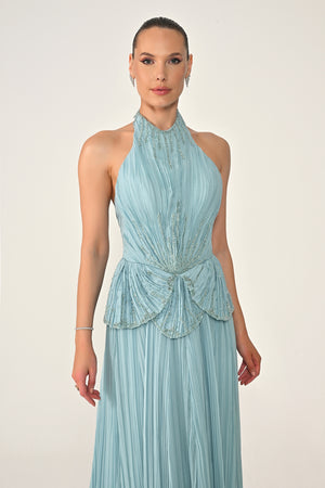 Halter Neck Backless Embellished Pleated Chiffon Long Dress