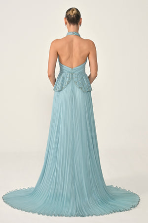 Halter Neck Backless Embellished Pleated Chiffon Long Dress