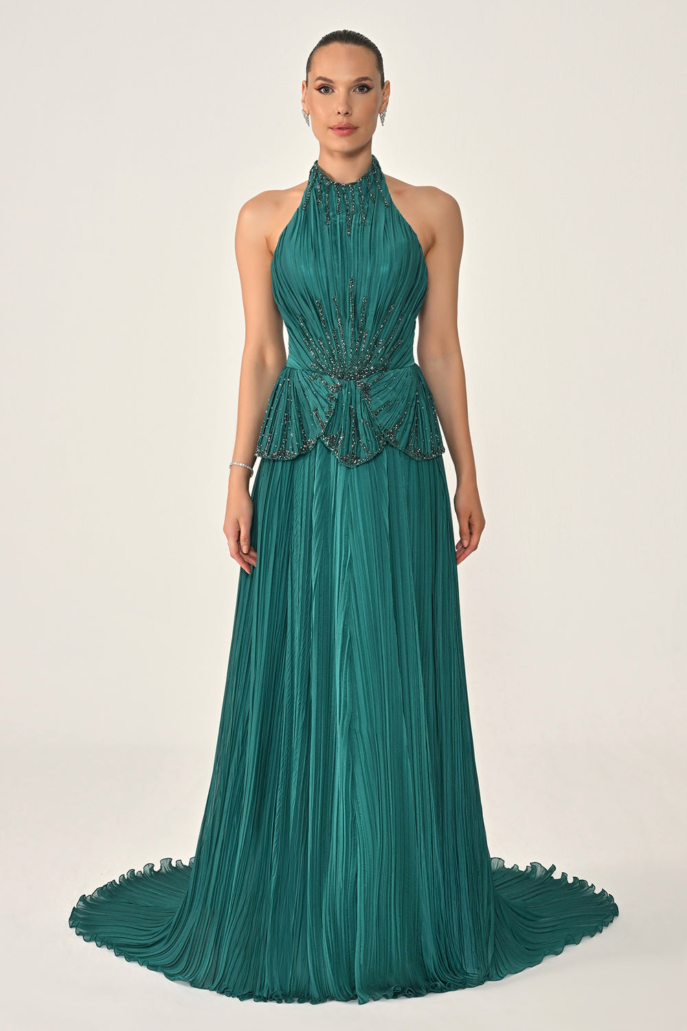 Halter Neck Backless Embellished Pleated Chiffon Long Dress
