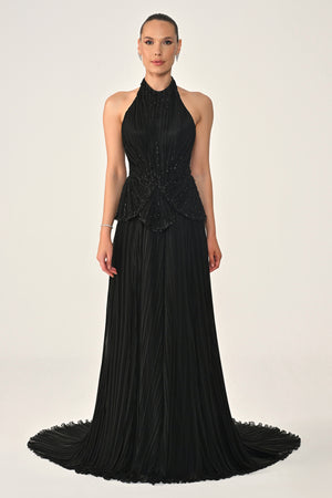 Halter Neck Backless Embellished Pleated Chiffon Long Dress
