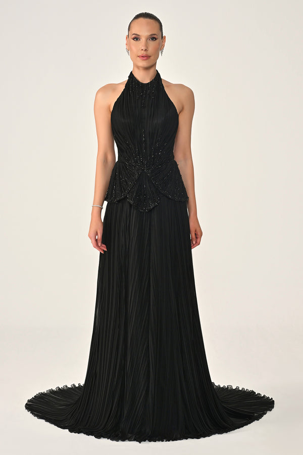 Halter Neck Backless Embellished Pleated Chiffon Long Dress