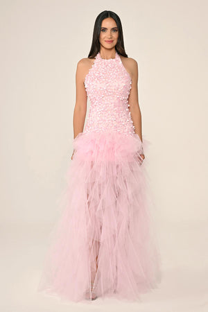 Halter Neck Top 3D Floral Tiered Tulle Long Dress
