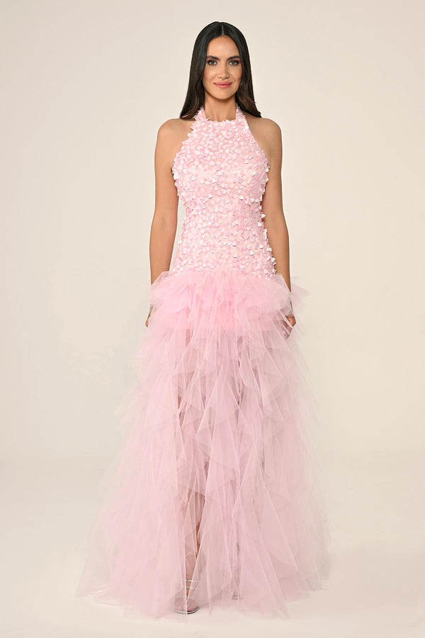 Halter Neck Top 3D Floral Tiered Tulle Long Dress