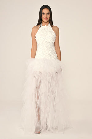 Halter Neck Top 3D Floral Tiered Tulle Long Dress