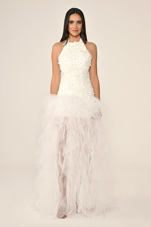 Halter Neck Top 3D Floral Tiered Tulle Long Dress