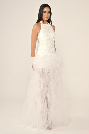 Halter Neck Top 3D Floral Tiered Tulle Long Dress