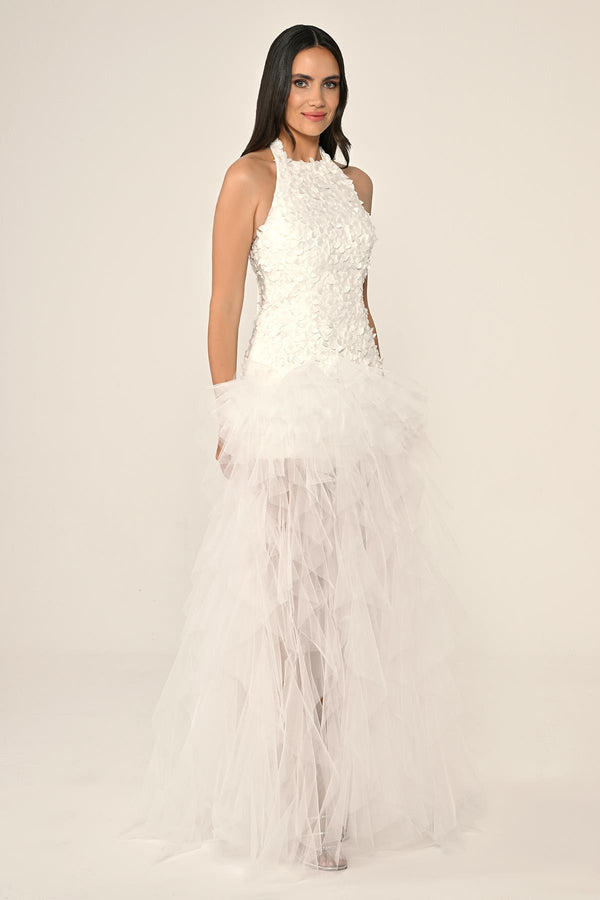 Halter Neck Top 3D Floral Tiered Tulle Long Dress