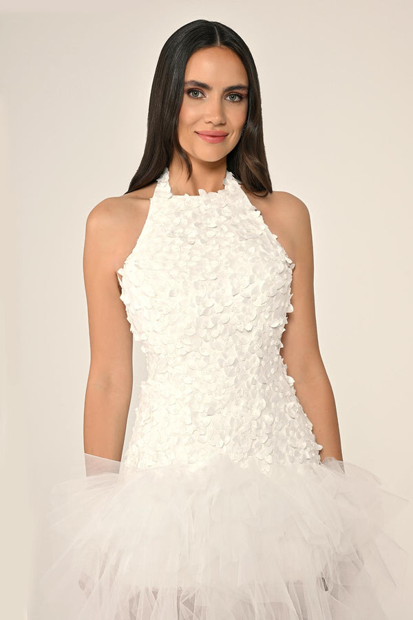 Halter Neck Top 3D Floral Tiered Tulle Long Dress