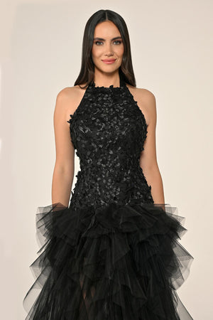 Halter Neck Top 3D Floral Tiered Tulle Long Dress