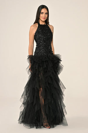 Halter Neck Top 3D Floral Tiered Tulle Long Dress