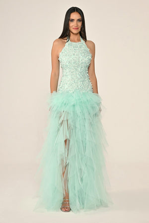 Halter Neck Top 3D Floral Tiered Tulle Long Dress
