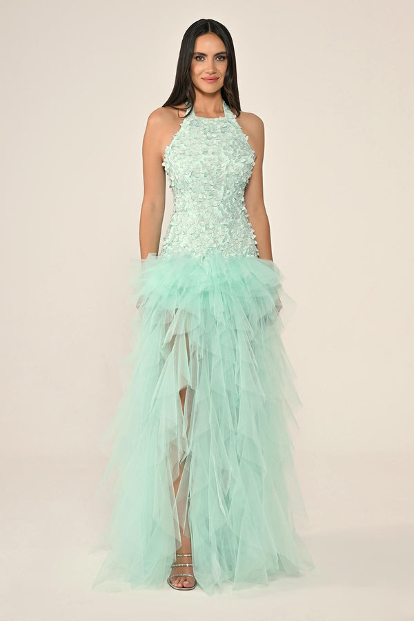 Halter Neck Top 3D Floral Tiered Tulle Long Dress
