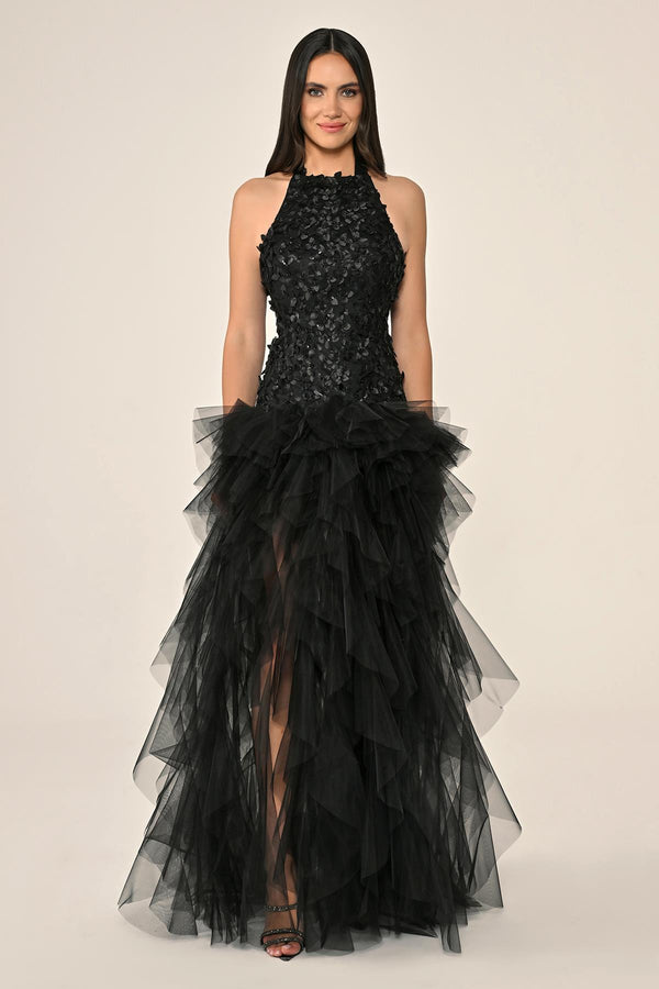 Halter Neck Top 3D Floral Tiered Tulle Long Dress