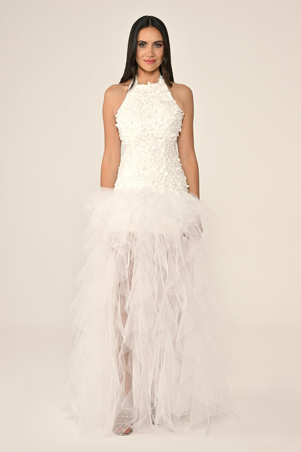 Halter Neck Top 3D Floral Tiered Tulle Long Dress