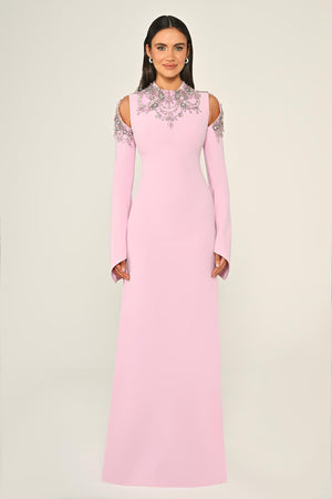 Embroidered Top Long Sleeve Crepe Maxi Dress