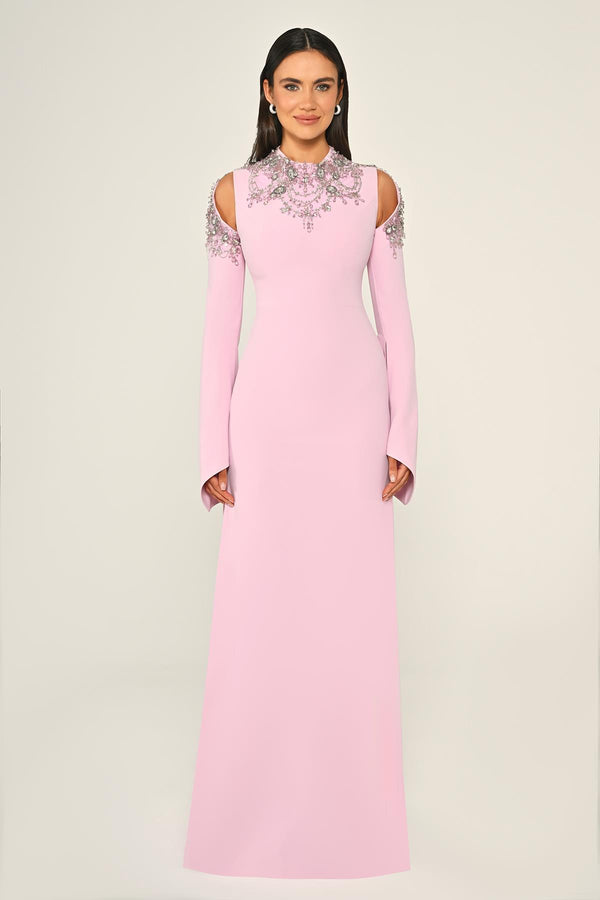 Embroidered Top Long Sleeve Crepe Maxi Dress