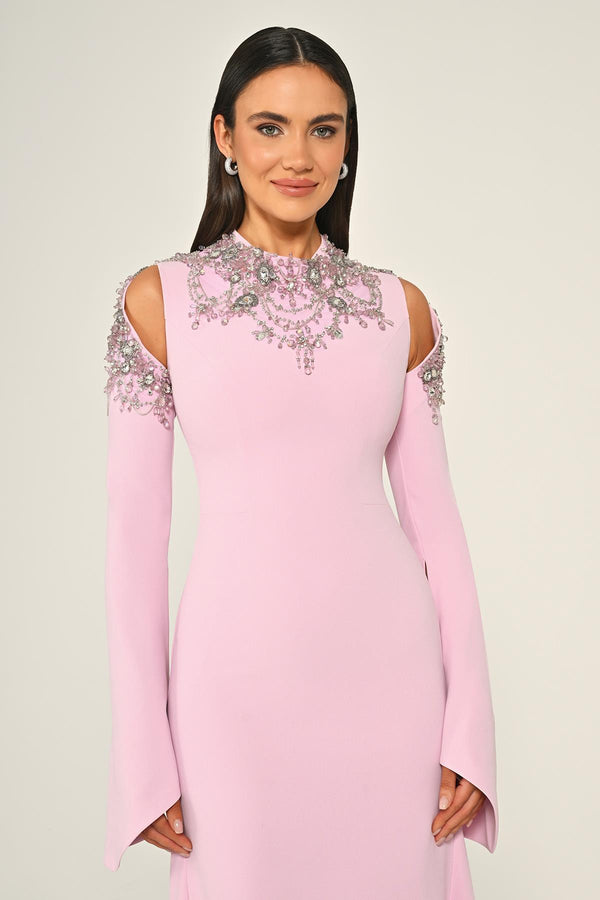 Embroidered Top Long Sleeve Crepe Maxi Dress