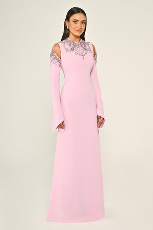 Embroidered Top Long Sleeve Crepe Maxi Dress