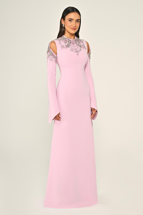 Embroidered Top Long Sleeve Crepe Maxi Dress
