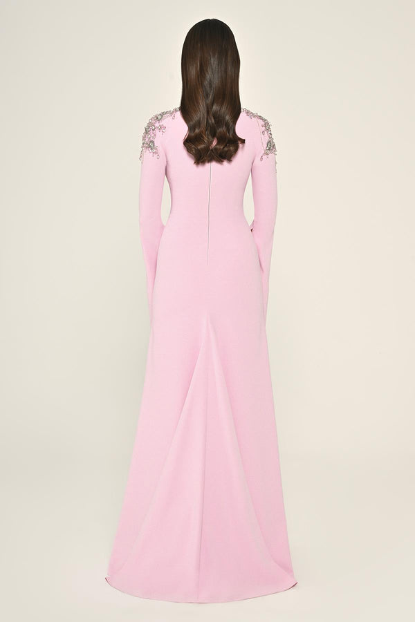 Embroidered Top Long Sleeve Crepe Maxi Dress