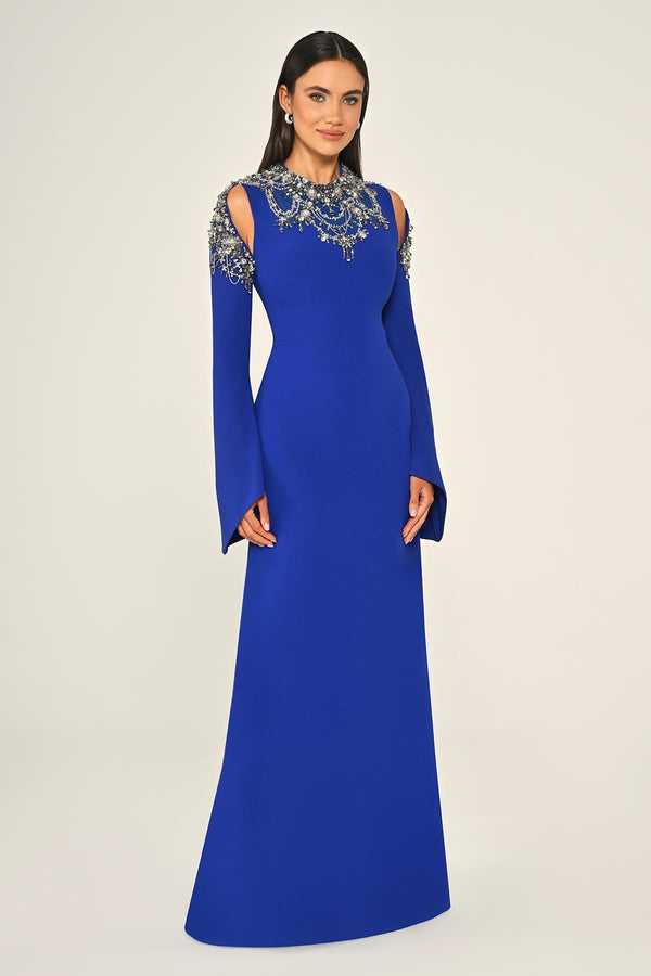 Embroidered Top Long Sleeve Crepe Maxi Dress