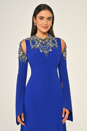 Embroidered Top Long Sleeve Crepe Maxi Dress