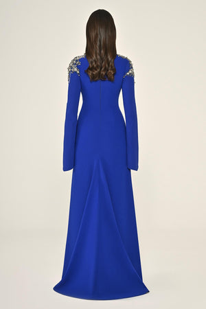 Embroidered Top Long Sleeve Crepe Maxi Dress