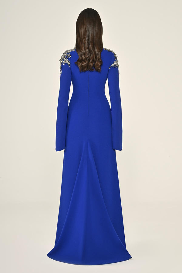 Embroidered Top Long Sleeve Crepe Maxi Dress