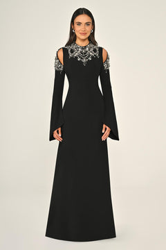Embroidered Top Long Sleeve Crepe Maxi Dress