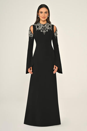 Embroidered Top Long Sleeve Crepe Maxi Dress