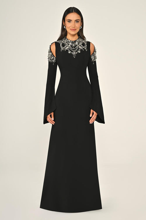 Embroidered Top Long Sleeve Crepe Maxi Dress
