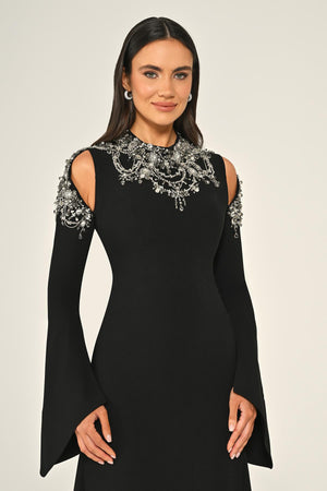Embroidered Top Long Sleeve Crepe Maxi Dress