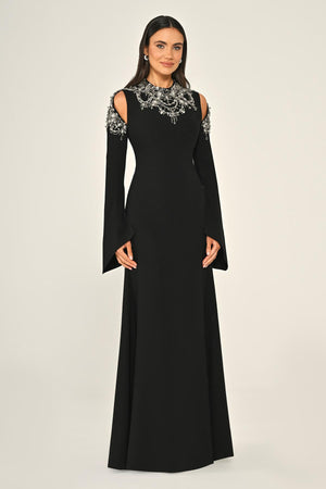 Embroidered Top Long Sleeve Crepe Maxi Dress