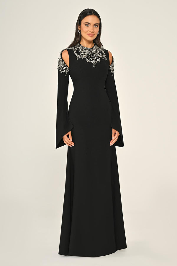 Embroidered Top Long Sleeve Crepe Maxi Dress