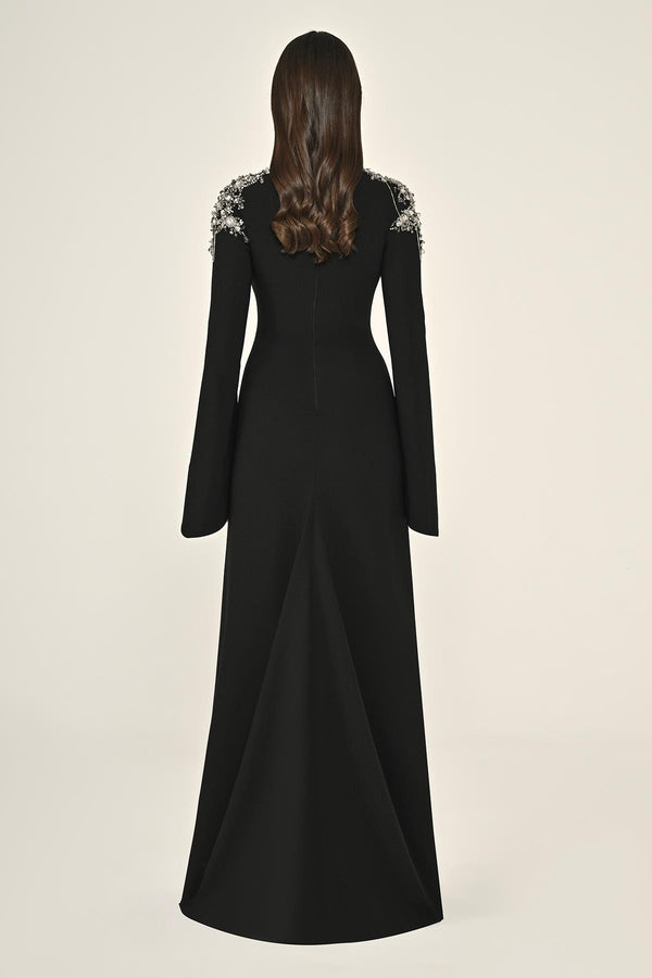 Embroidered Top Long Sleeve Crepe Maxi Dress