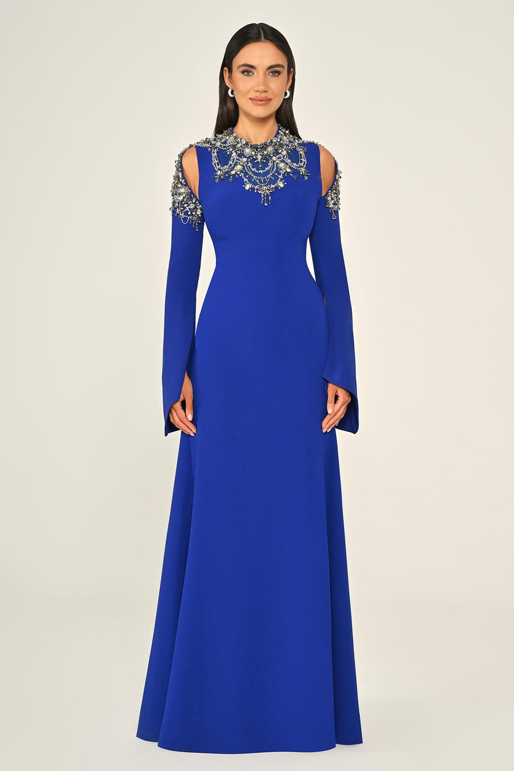 Embroidered Top Long Sleeve Crepe Maxi Dress
