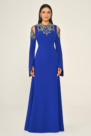 Embroidered Top Long Sleeve Crepe Maxi Dress