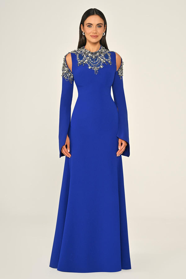 Embroidered Top Long Sleeve Crepe Maxi Dress