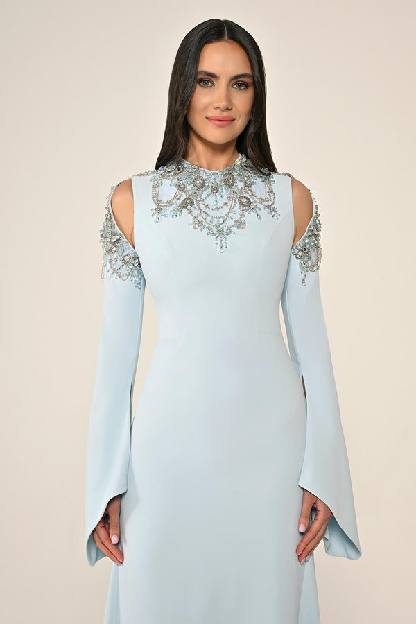 Embroidered Top Long Sleeve Crepe Maxi Dress