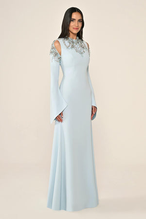 Embroidered Top Long Sleeve Crepe Maxi Dress