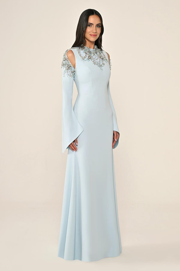 Embroidered Top Long Sleeve Crepe Maxi Dress