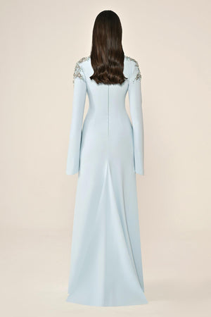 Embroidered Top Long Sleeve Crepe Maxi Dress
