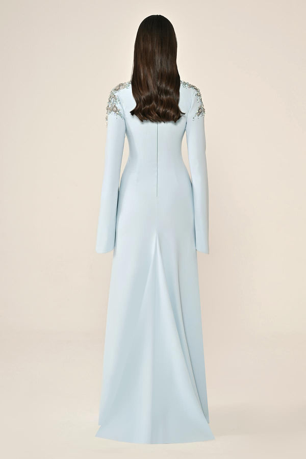 Embroidered Top Long Sleeve Crepe Maxi Dress